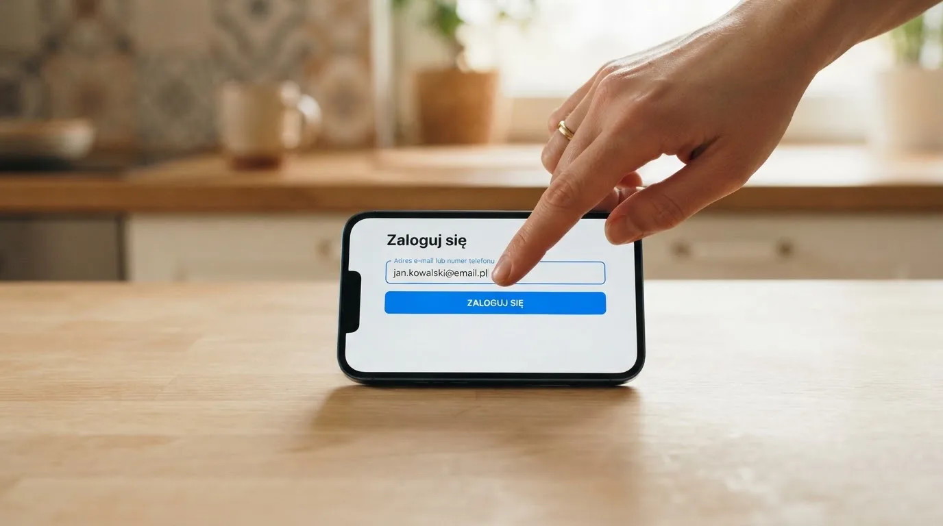 Smartfon na stole kuchennym z ekranem logowania do konta gracza i potwierdzeniem tożsamości przez aplikację