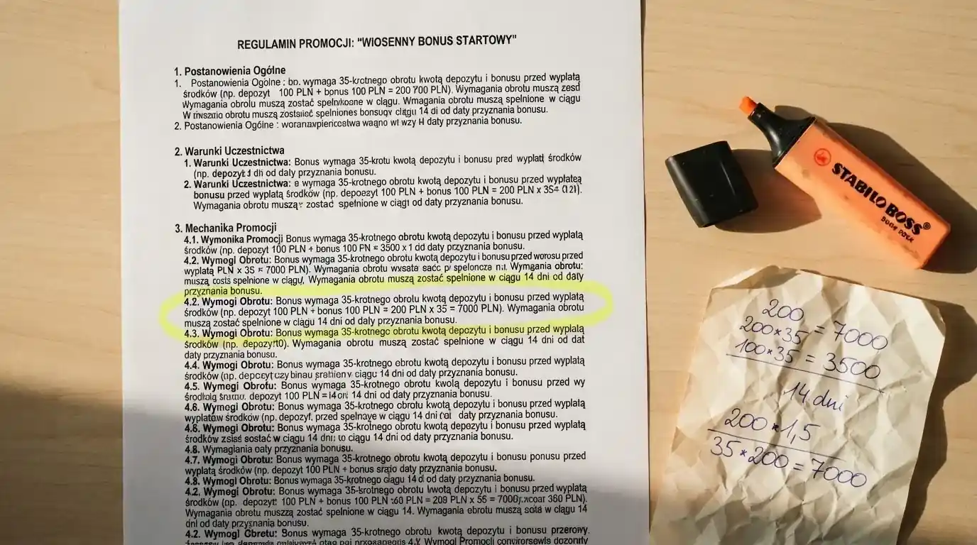 Wydrukowany regulamin promocji z zakreślonym wymogiem obrotu, obok kalkulator i zakreślacz